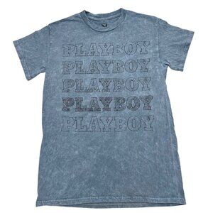 Playboy ~ Women Size S Blue Wash SpellOut Logo Graphic Print Pop Art Tee T-Shirt